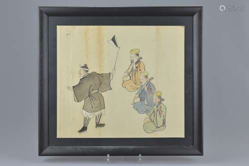 Japanese Watercolour depicting Street Entertainers