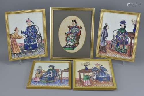 Five 19th century Chinese Watercolour Paintings on Rice Paper