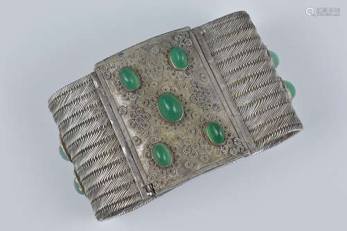 An antique silver metal and chrysoprase cuff bracelet