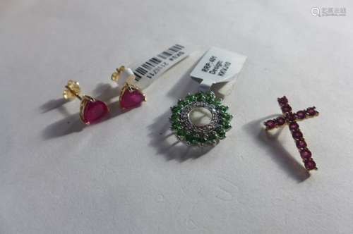 A pair of ruby 18ct earrings with certificate, a 9ct tsavorite diamond pendant, and a 9ct gold