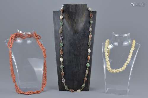 Three Strand Coral Bead Necklace