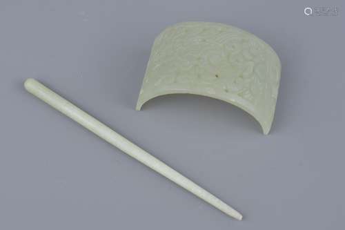 A Chinese jade hair pin and holder