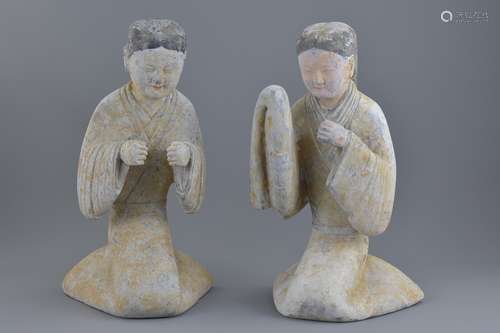 A pair of Chinese Han dynasty kneeling ladies