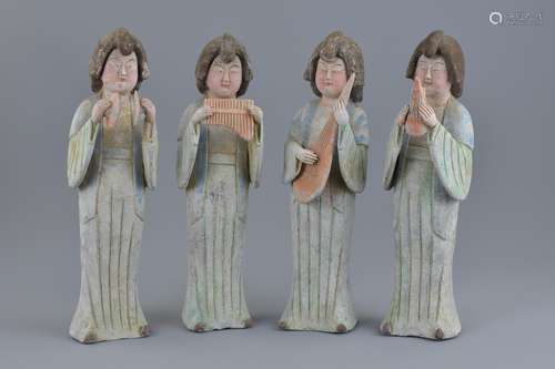 Four Chinese Tang dynasty grey pottery female musicians