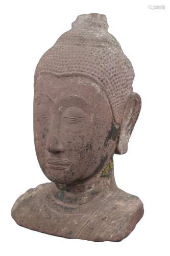 A large Thai 14th C. sandstone head of Buddha