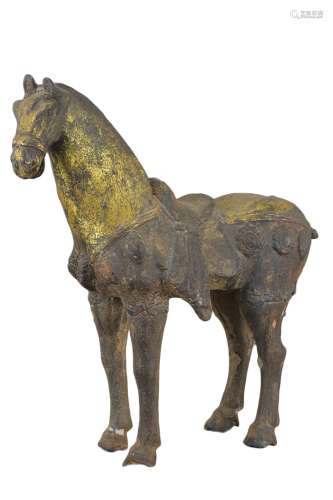 Antique Chinese Tang Style Gilded Cast Iron Caparisoned horse