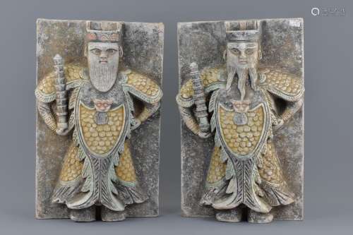 Pair Chinese Painted Tiles Depicting Guardian Figure
