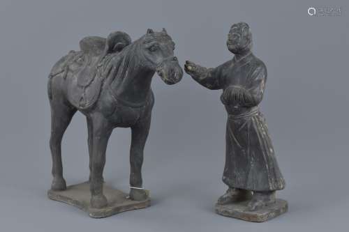 Chinese Yuan Black Pottery Horse & Groom