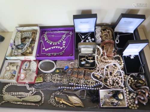 A collection of costume and vintage jewellery, including necklaces, imitation pearls, marcasite etc