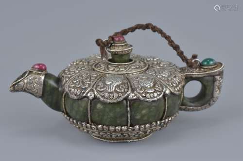 Tibetan Silver Mounted Green Stone Teapot