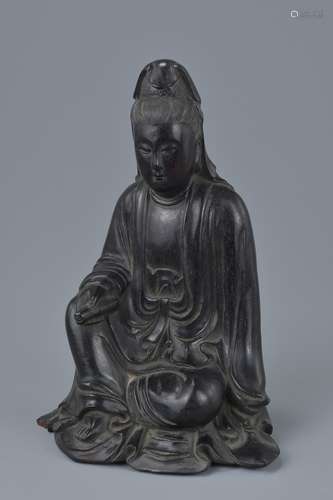 A Chinese 19th century Zitan wood Carving of a Seated Guanyin