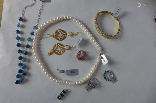 Eight pieces of silver jewellery and a string of pearls, all good condition, four with certificates