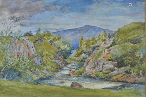 Watercolour of River and Mountain Scene signed