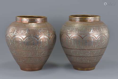 Pair of Large Copper Jars inlaid in Silver