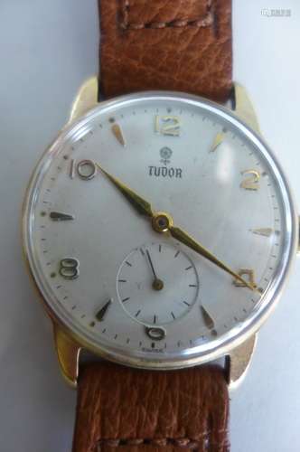 A gents Tudor 9ct gold wristwatch, with white dial, Arabic numerals and batons, subsidiary seconds