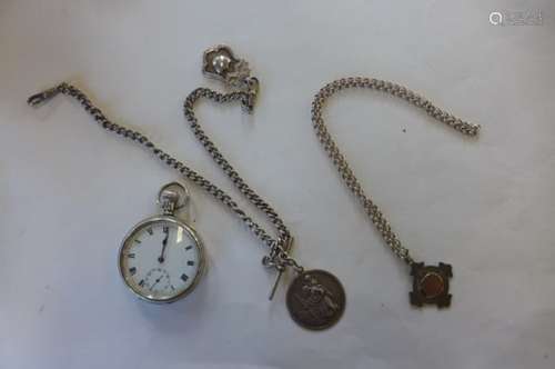 A silver cased pocket watch for repair, together with a double Albert watch chain, stamped to each