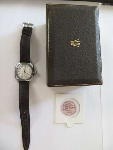 A rare 1930's Rolex Oyster wrist watch with cushion chromed case, screw down bezel and superb