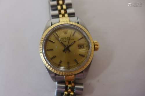 A ladies Rolex Oyster perpetual date bi-metal bracelet wristwatch, 27mm wide including button, model