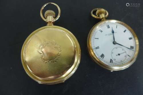 Two gents gold plated pocket watches, one Waltham - not running and a repair to back of case, and