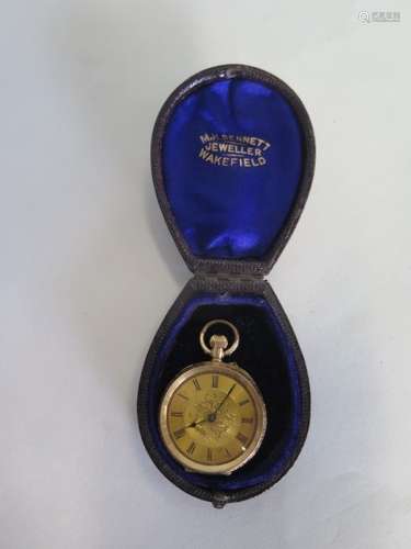 A 14ct gold ladies pocket watch, with base metal dust cover, 3cm wide, approx 30 grams, running