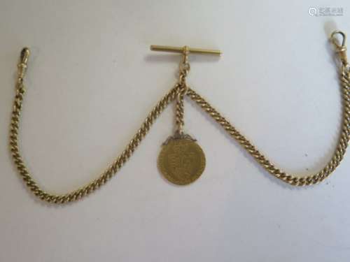 A good 18ct gold double Albert watch chain with close curb links, T-bar dog clip and sliding link to
