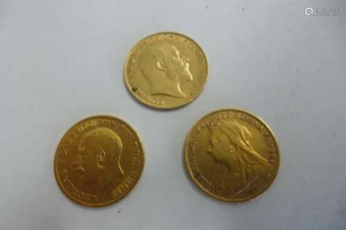 Three half sovereigns dated 1896, 1908 and 1911 - total weight 12 grams - all clean with some wear