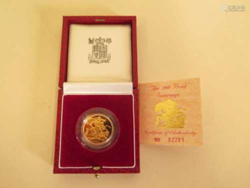 A 1988 proof gold sovereign, no 02201 with box