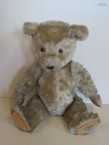 A vintage mohair teddy bear, 46cm tall, some play wear but generally good