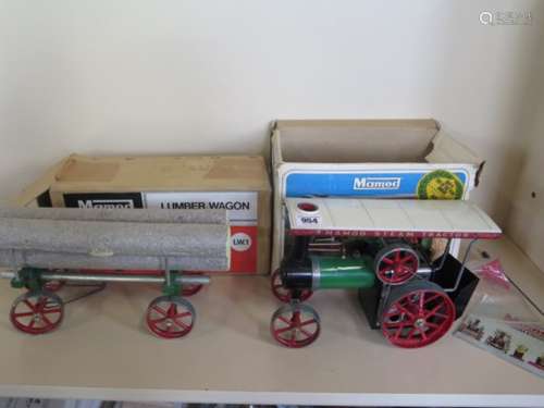 A Mamod T.E.a1 steam engine with a LW.1 lumber wagon, both boxed