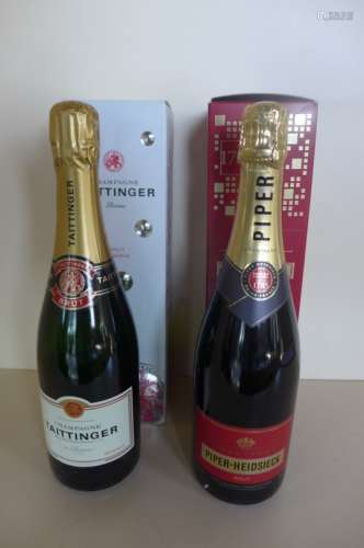 A bottle of Tattinger Brut Champagne, and a bottle of Piper-Heidsieck Brut champagne both boxed