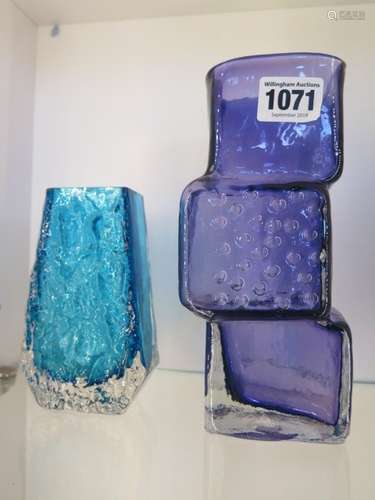 A Whitefriars drunken bricklayer amethyst vase, height 19.5cm - and a blue Whitefriars coffin vase -