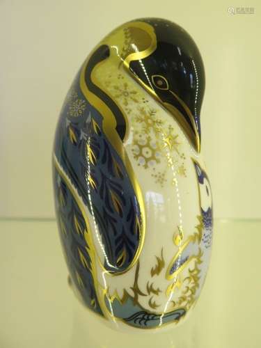 A large Crown Derby Emperor penguin paperweight, gold seal/stopper, height 12.5cm, in good condition