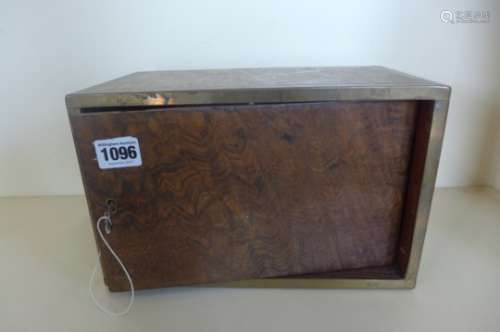A walnut and brass cigar box, with a rotating door, 18cm x 28cm x 17cm - with key, generally good,
