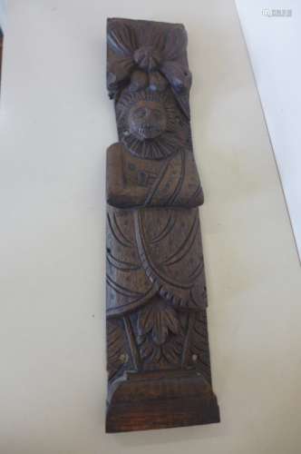 A carved oak religious figure, 54x13cm - some wear and losses