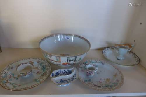 A Chinese 18th century famille-Rose Mandarin pattern bowl, together with a tea-bowl, small cup,