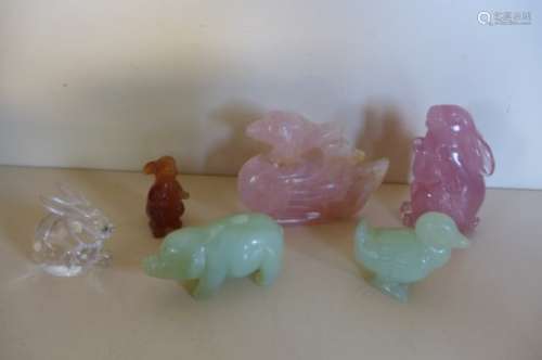 Six Chinese carved hard stone birds and animal, including a Rose quartz mandarin duck - tallest 8cm
