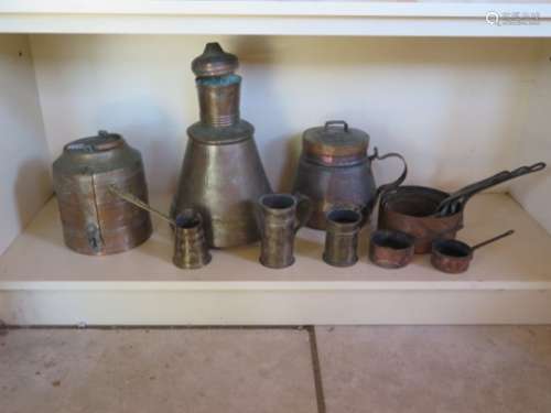 Six pieces of Eastern copper ware, and six copper and brass pots