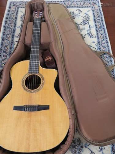A Taylor nylon string guitar NS24ceg with Taylor case strap and pickup, small scratch otherwise good
