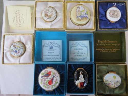 Five enamel boxes by Crummles and two Bilston enamel boxes, Halcyon Days, all boxed good condition
