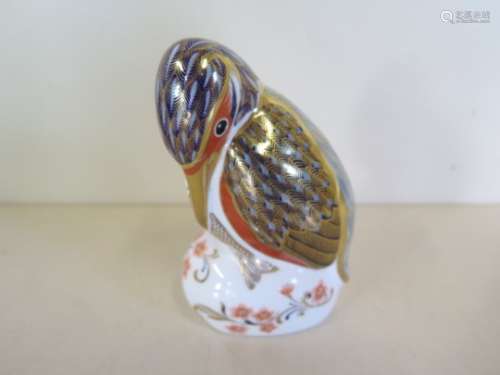 A Crown Derby paperweight, Kingfisher, silver stopper, in good condition