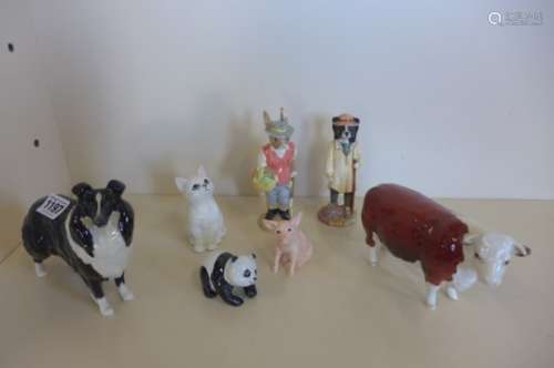 A collection of seven Beswick animal figures, including Gardiner Rabbit and Shepard Sheepdog, all