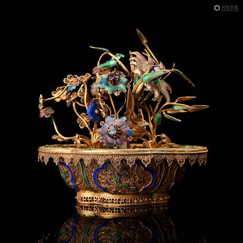 A Chinese Silver Flower Pot Decoration with Inlaid