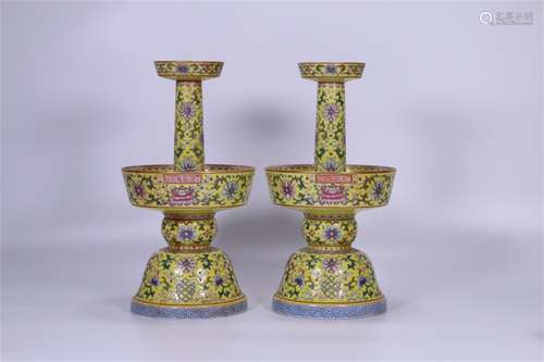 A Pair of Chinese Famille-Rose Porcelain Candle Holders