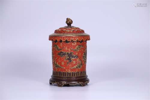 A Chinese Red Glazed Porcelain Can with Cover