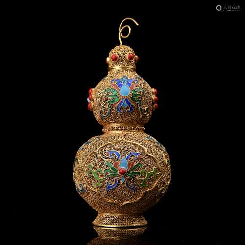 A Chinese Silver Double Gourd Decoration with Inlaid