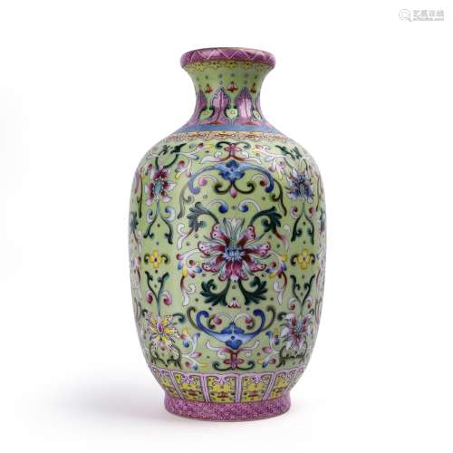 A Chinese Green Ground Famille-Rose Porcelain Vase