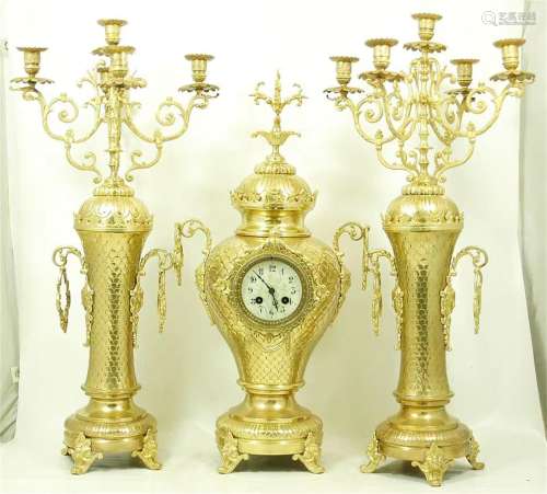 A Set of European Gilt Bronze Clock with Candle Holders