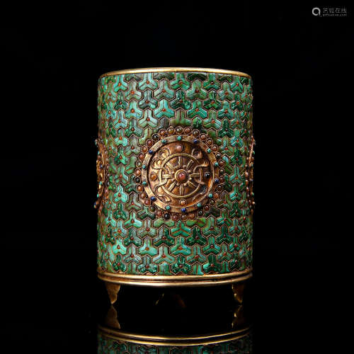 A Chinese Gilt Bronze Brush Pot with Inlaid
