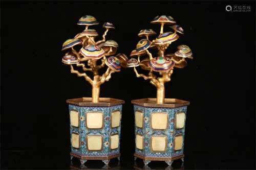 A Pair of Chinese Gilt Bronze Cloisonne Flower Pots