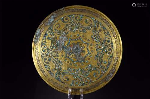 A Chinese Gilt Bronze Mirror with Inlaid